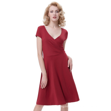 Belle Poque Women Casual Wine Red Cap Sleeve V-Neck High Stretchy A-Line Dress BP000314-2